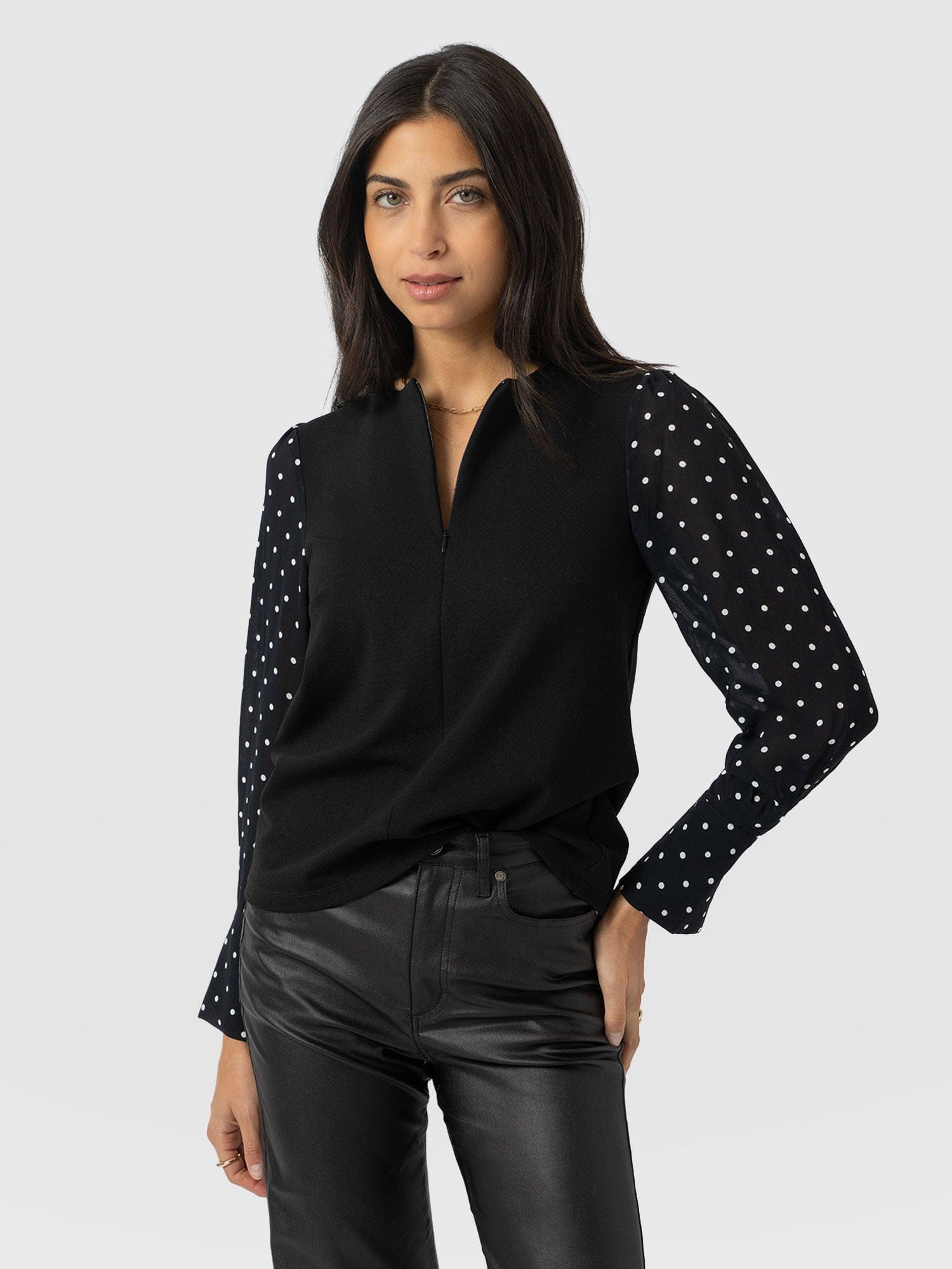 Ella Zip Up Top - Black Polka Dot - Women's T-shirts | Saint + Sofia® UK
